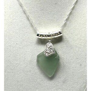 Green Seaglass Pendant,‎ 20" Silver Plated Cable Chain and Bobble w/Heart Charm